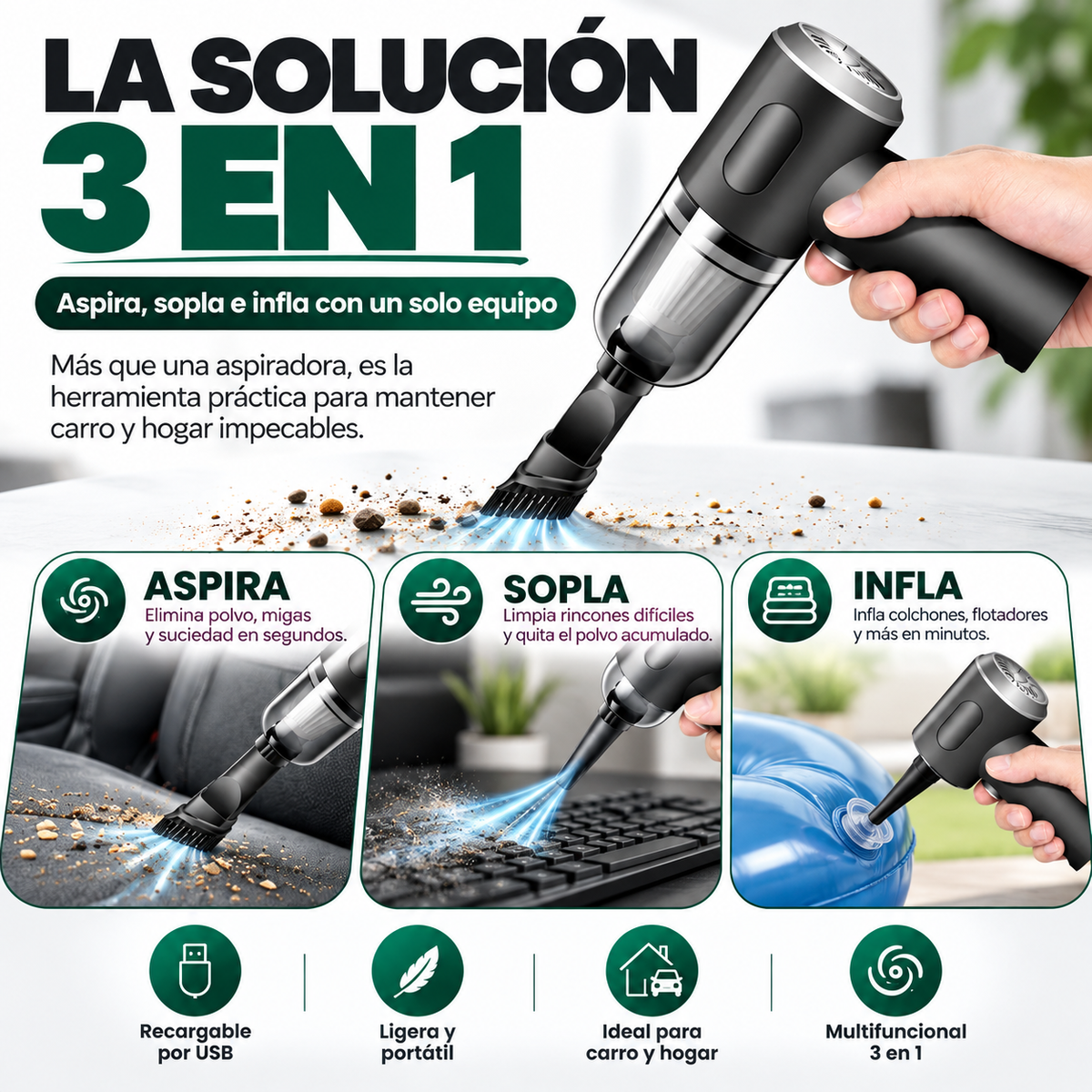 Aspiradora de Mano 3 en 1 Recargable y Portátil