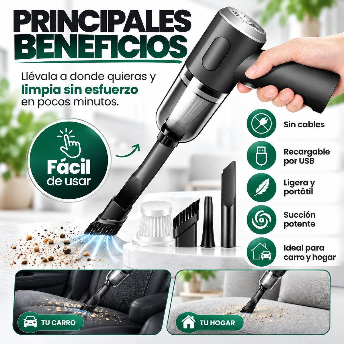 Aspiradora de Mano 3 en 1 Recargable y Portátil